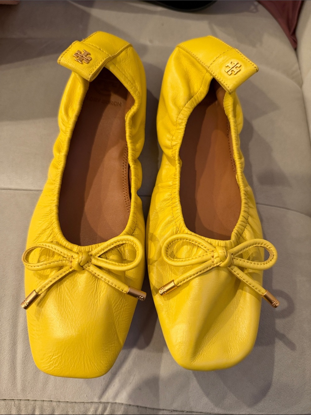 Tory Burch Bright Yellow Leather Bow Ballet Flats